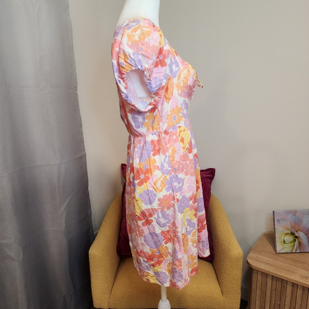 SO Womans Large Spring Floral V Neck Keyhole Aline Mini Dress Tropical Sherbert - Picture 4 of 6